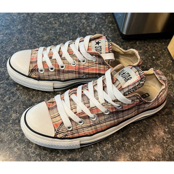 Converse All Star Chuck Taylor Brown Peach Plaid Lo Top Sneakers Shoes - Picture 7 of 9
